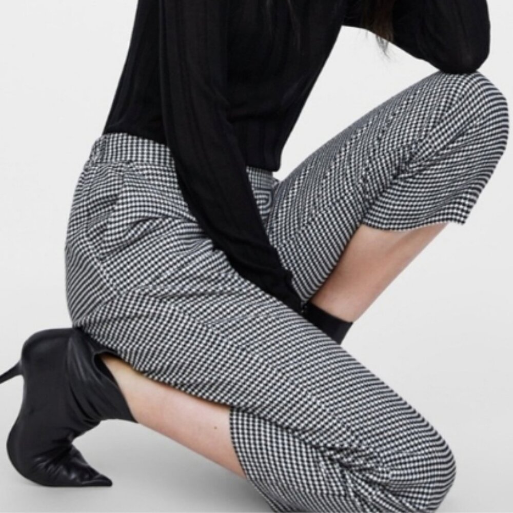Zara Basic Cropped Houndstooth Trousers White Bla… - image 2